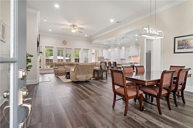 dining area with ceiling fan with notable chandelier, ornamental molding, and dark wood-type flooring