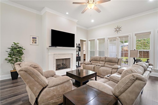 living room with ceiling fan, a stone fireplace, dark hardwood / wood-style floors, and crown molding