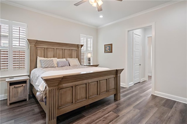 bedroom with ceiling fan, dark hardwood / wood-style floors, and ornamental molding