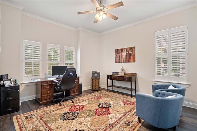 office space featuring ceiling fan, crown molding, dark hardwood / wood-style flooring, and a wealth of natural light