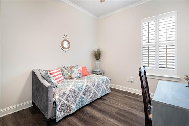 bedroom featuring crown molding and dark hardwood / wood-style flooring