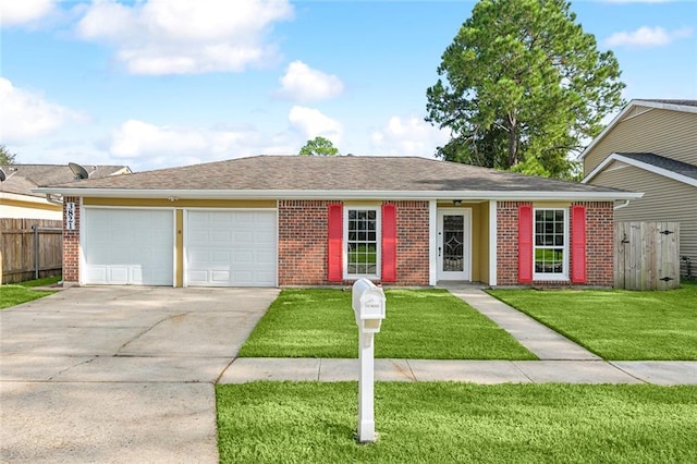 ranch-style home with a front lawn and a garage