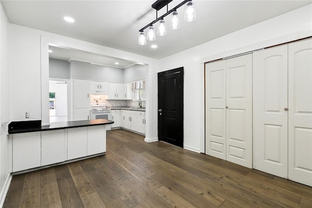 kitchen with white cabinets, hanging light fixtures, dark hardwood / wood-style floors, and a healthy amount of sunlight