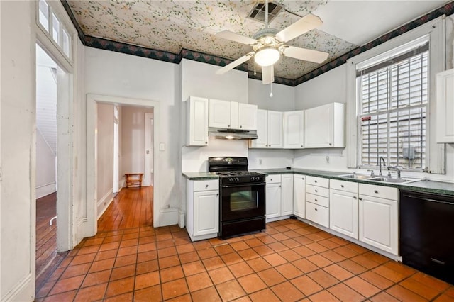 kitchen featuring white cabinetry, sink, ceiling fan, light tile patterned flooring, and black appliances