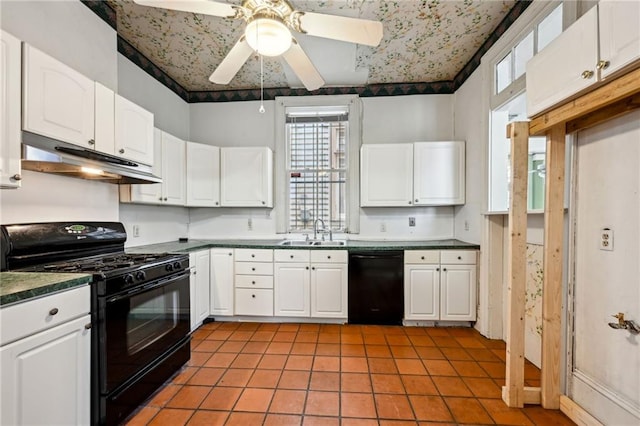 kitchen featuring black appliances, white cabinets, and sink