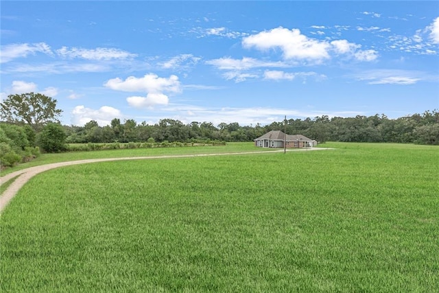 view of community with a lawn and a rural view