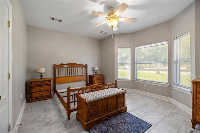 bedroom featuring ceiling fan and multiple windows