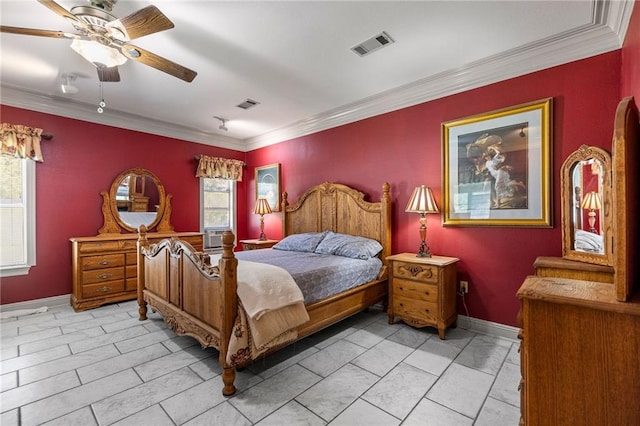 bedroom with ceiling fan, ornamental molding, and multiple windows