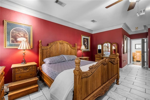 bedroom with ceiling fan and crown molding