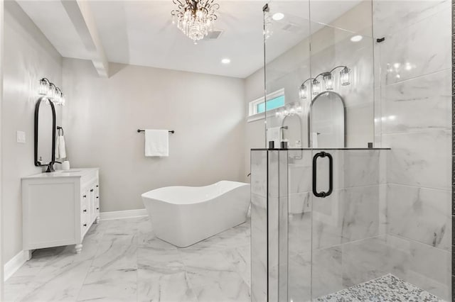 bathroom featuring vanity and separate shower and tub