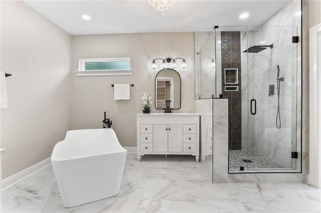 bathroom with independent shower and bath and vanity