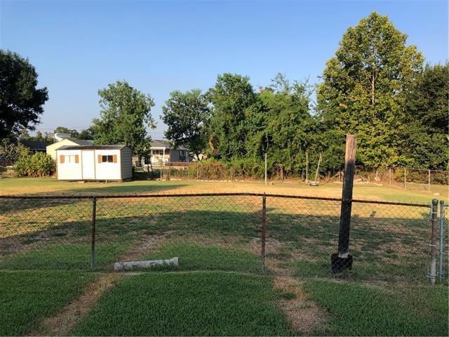 view of yard featuring a storage unit