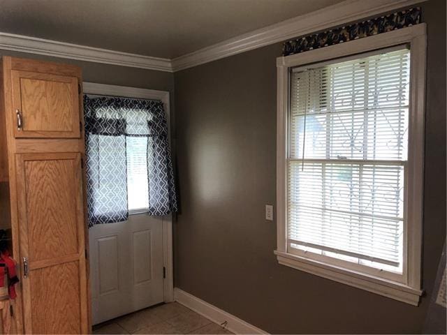 doorway to outside featuring crown molding, light tile patterned floors, and plenty of natural light