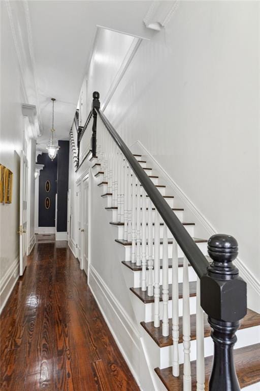 staircase with hardwood / wood-style floors