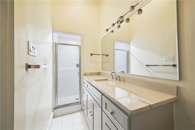 bathroom featuring walk in shower, vanity, and tile patterned flooring