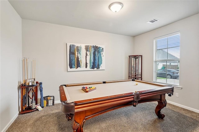 game room with pool table and carpet floors