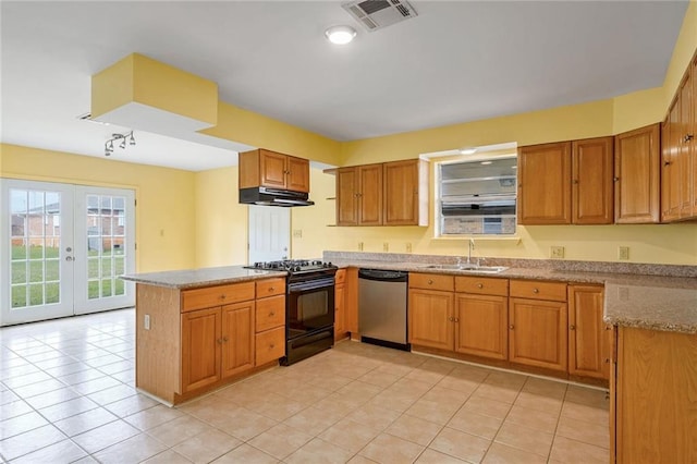 kitchen featuring dishwasher, black range oven, french doors, sink, and kitchen peninsula