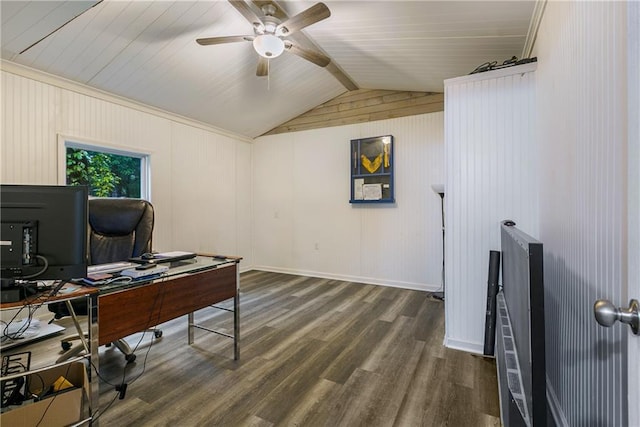 home office with lofted ceiling with beams, dark wood-type flooring, and ceiling fan