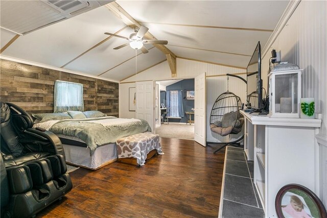 bedroom featuring wooden walls, lofted ceiling with beams, dark hardwood / wood-style floors, and ceiling fan