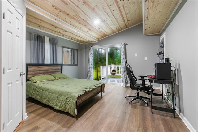 bedroom featuring wood finished floors, baseboards, vaulted ceiling, wooden ceiling, and access to outside