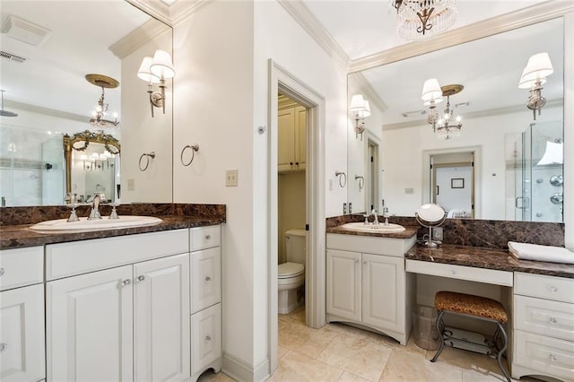 bathroom featuring vanity, toilet, walk in shower, and crown molding