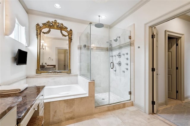 bathroom featuring shower with separate bathtub, tile patterned floors, and crown molding