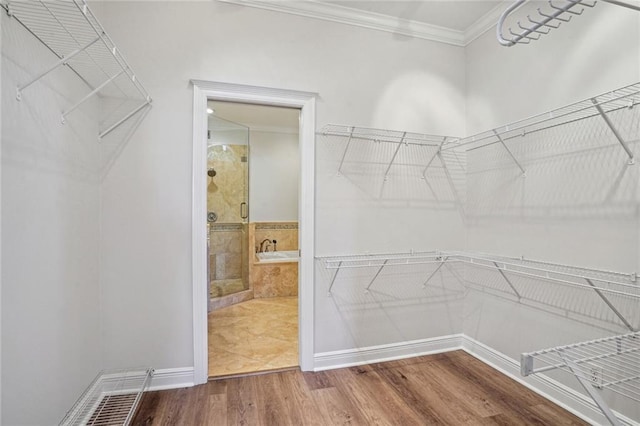 walk in closet with wood-type flooring