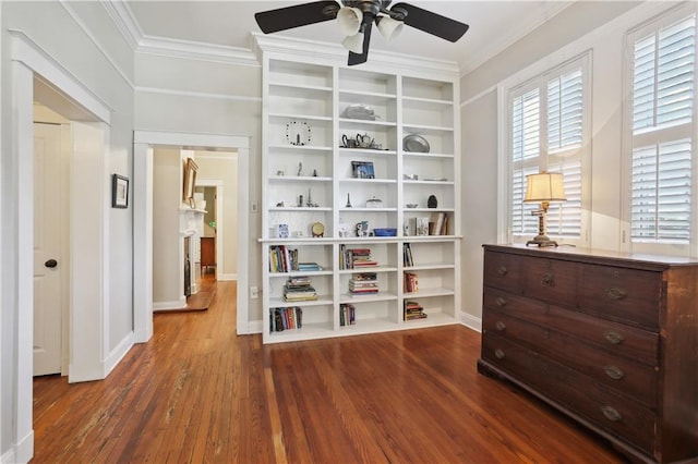 interior space featuring crown molding, ceiling fan, and dark wood-type flooring