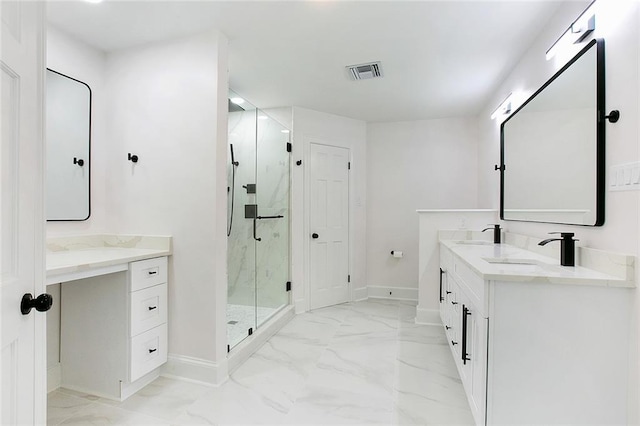 bathroom featuring walk in shower and vanity