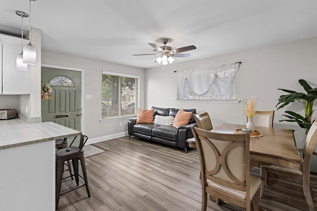 living room featuring light hardwood / wood-style flooring and ceiling fan