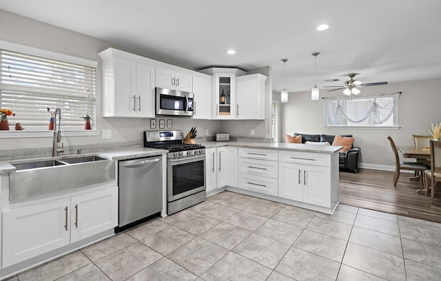 kitchen featuring appliances with stainless steel finishes, sink, ceiling fan, and a wealth of natural light