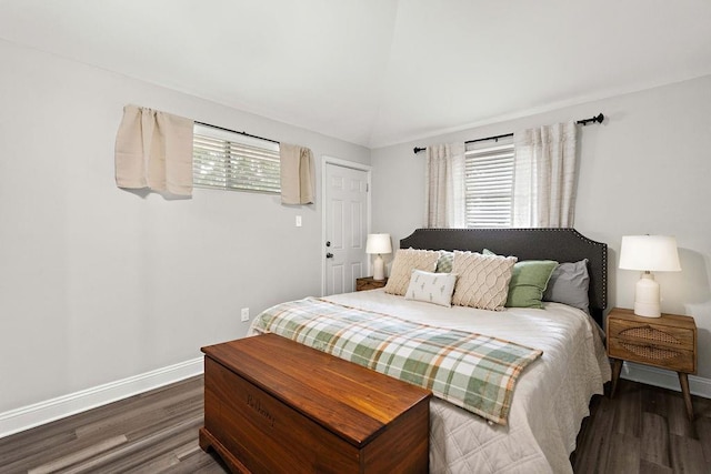 bedroom with lofted ceiling, dark hardwood / wood-style flooring, and multiple windows