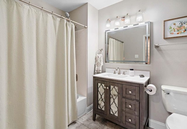 full bathroom featuring shower / bath combo, tile patterned flooring, vanity, and toilet