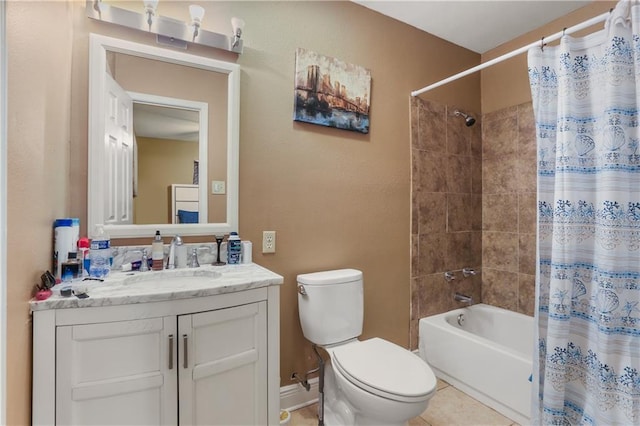 full bathroom with shower / tub combo with curtain, tile patterned flooring, vanity, and toilet