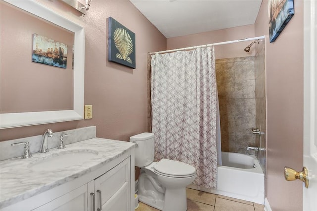 full bathroom with shower / tub combo, tile patterned floors, vanity, and toilet