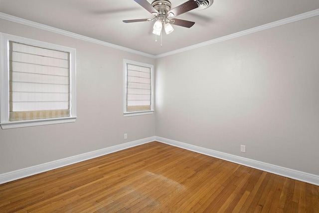 unfurnished room with ceiling fan, ornamental molding, and wood-type flooring