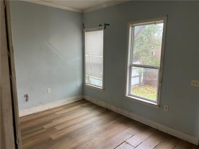 unfurnished room with ornamental molding, a wealth of natural light, and light hardwood / wood-style floors