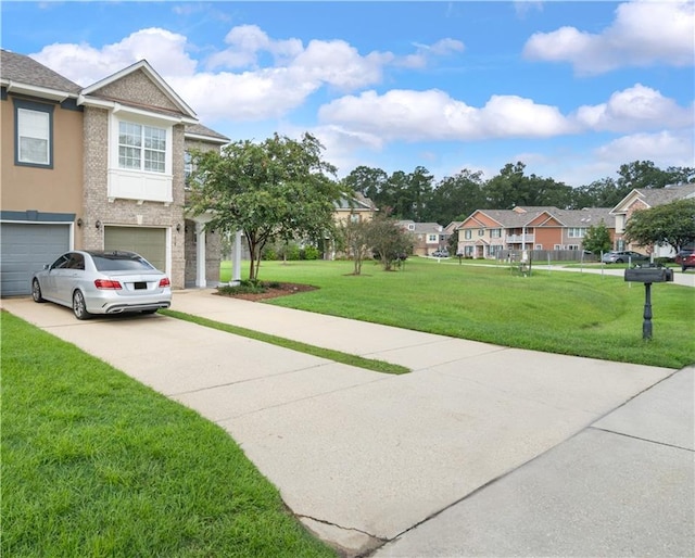 view of property exterior featuring a garage and a lawn