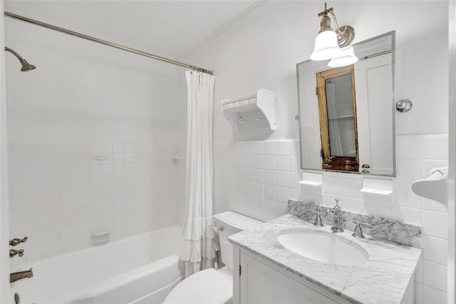 full bathroom with shower / bathtub combination with curtain, tile walls, vanity, and toilet