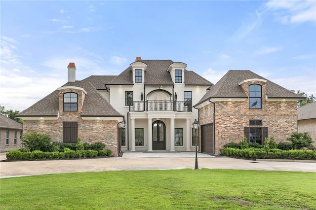 french provincial home featuring a lawn and a balcony