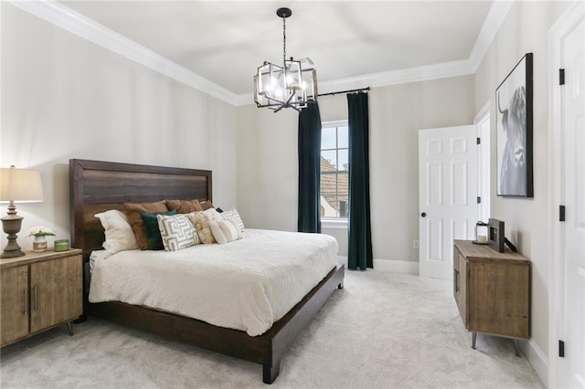 bedroom with light carpet, crown molding, and a chandelier