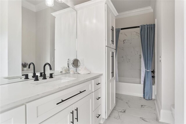 bathroom featuring crown molding, vanity, and shower / bathtub combination with curtain