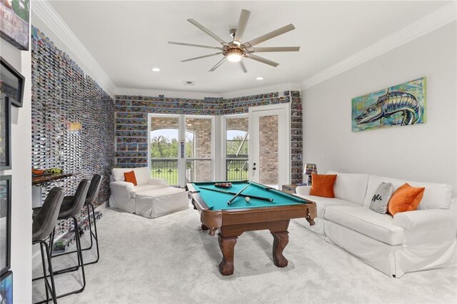 game room with ornamental molding, pool table, ceiling fan, and carpet floors