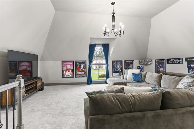 carpeted living room with an inviting chandelier and lofted ceiling