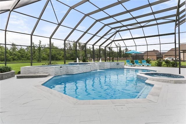 view of pool featuring a patio, an in ground hot tub, a lanai, and pool water feature