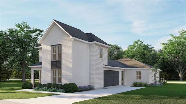 view of front of home with a front yard and a garage