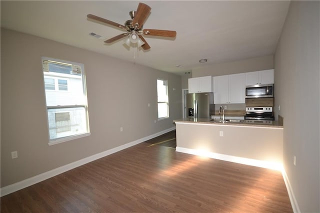 kitchen with a healthy amount of sunlight, white cabinetry, ceiling fan, and stainless steel appliances