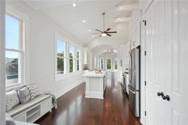 interior space with ceiling fan, white cabinets, appliances with stainless steel finishes, and dark hardwood / wood-style flooring