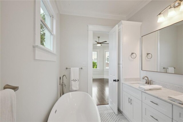 bathroom featuring vanity, wood-type flooring, a washtub, and crown molding