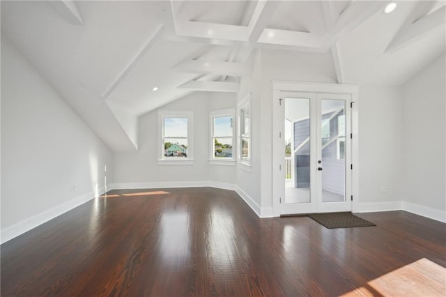 2412 N Rampart St, New Orleans, LA 70117 - additional living space featuring french doors, baseboards, vaulted ceiling with beams, and wood finished floors